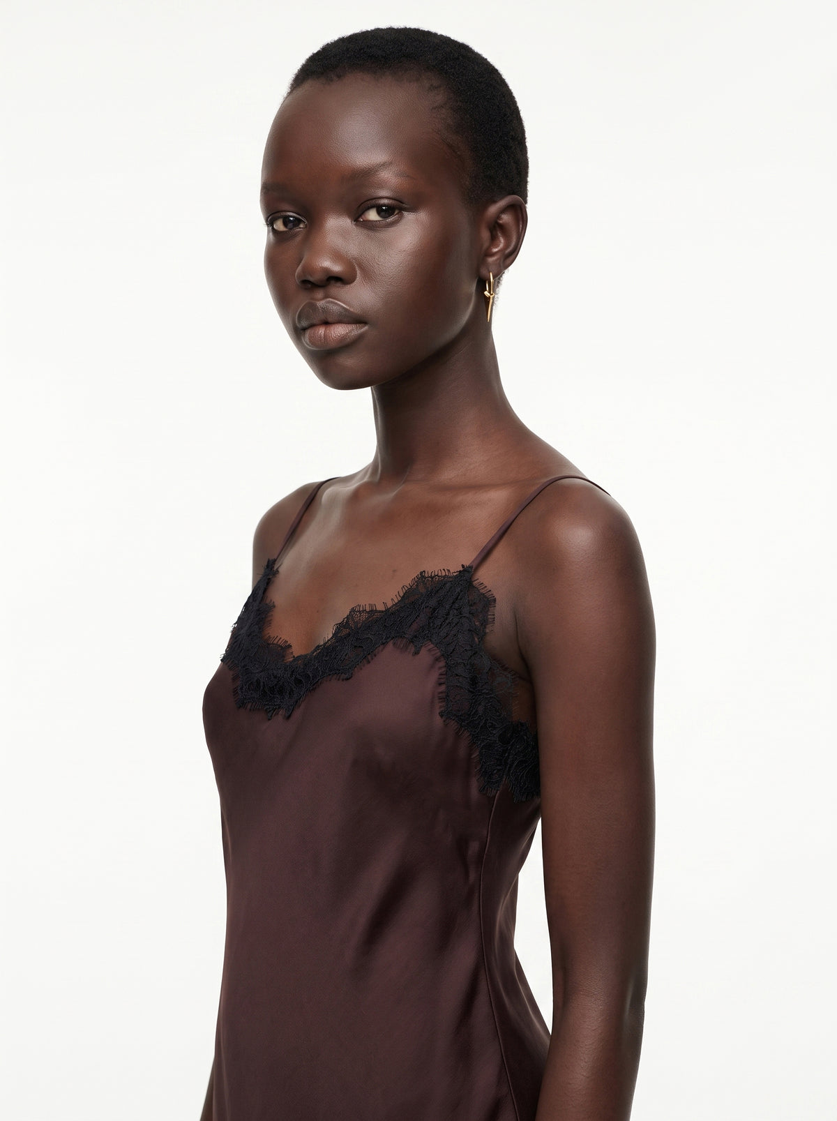 Satin Fitted Dress with Adjustable Straps - BROWN