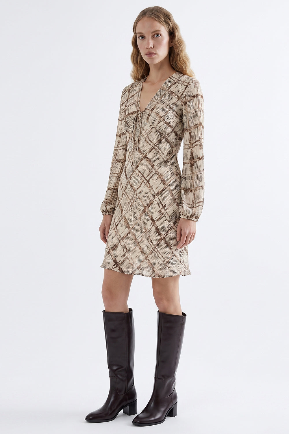 Elasticated Sleeve V Neck Lined Dress - MULTICOLOR