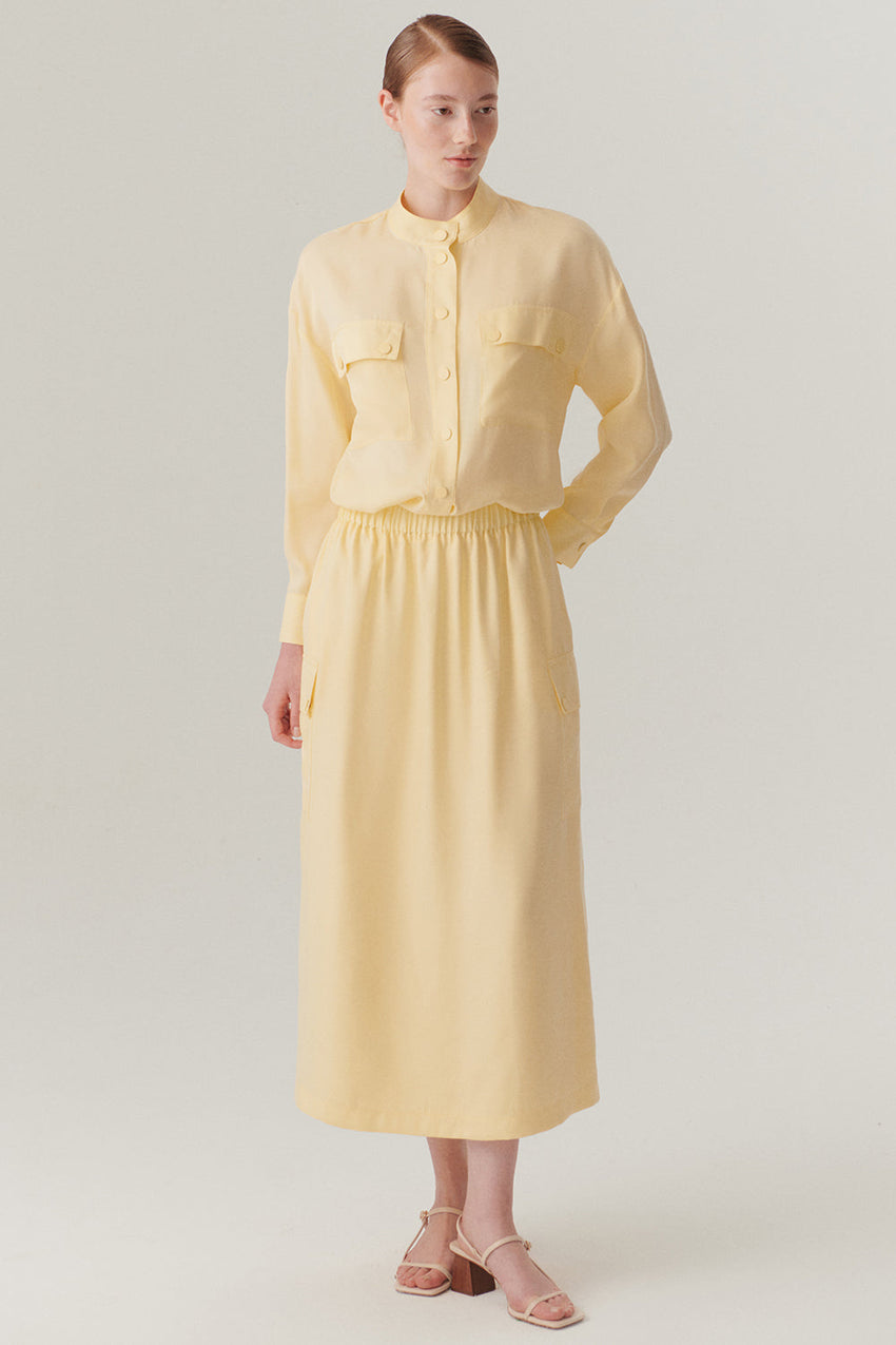 Elastic Waist Pocket Detailed Lyocell Yellow Midi Skirt