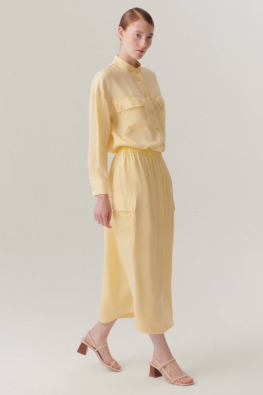 Elastic Waist Pocket Detailed Lyocell Yellow Midi Skirt
