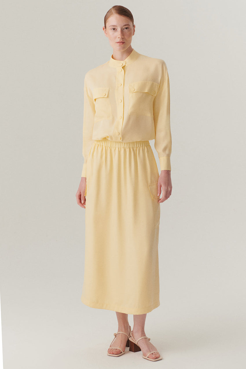 Elastic Waist Pocket Detailed Lyocell Yellow Midi Skirt