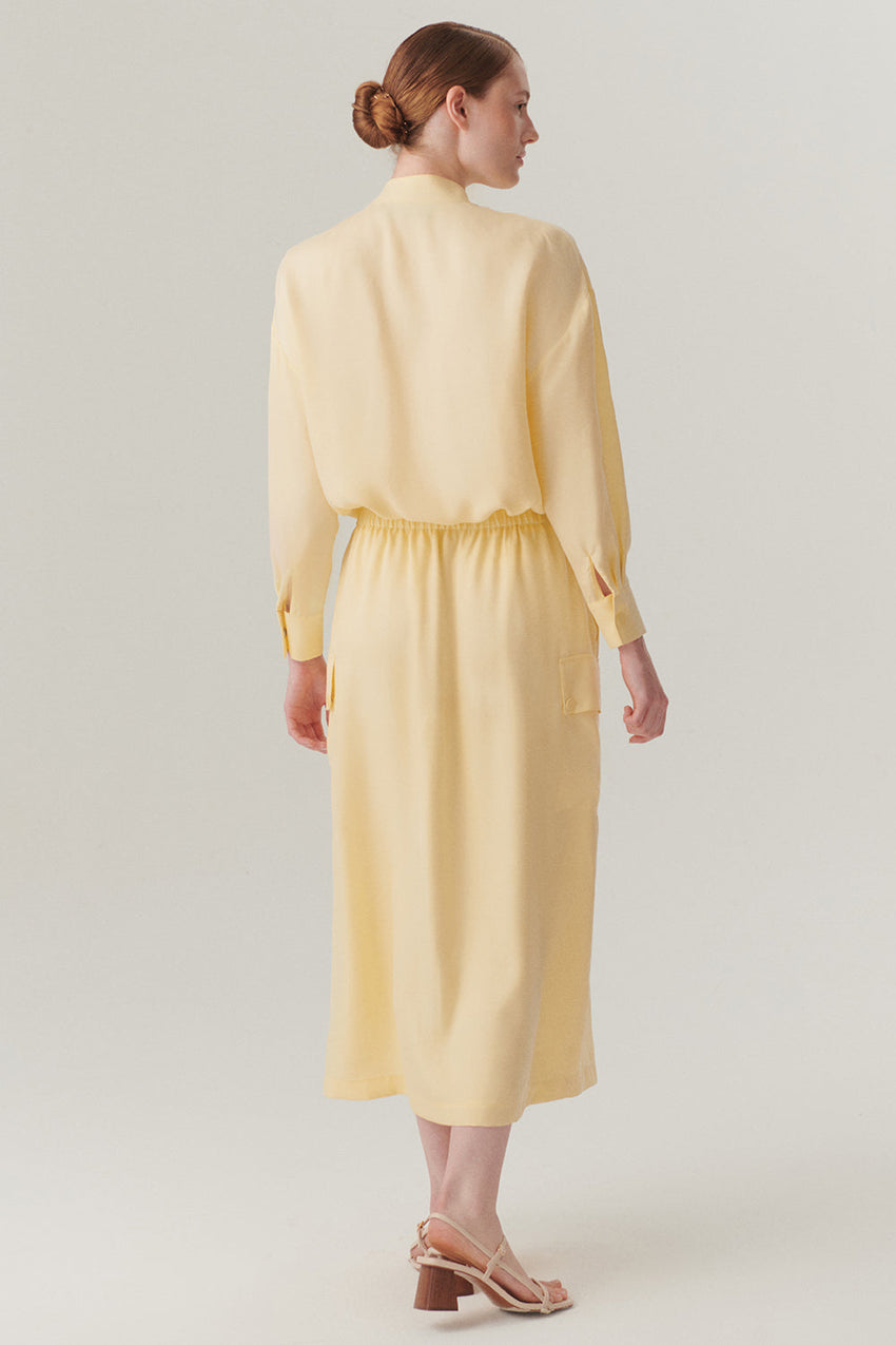Elastic Waist Pocket Detailed Lyocell Yellow Midi Skirt