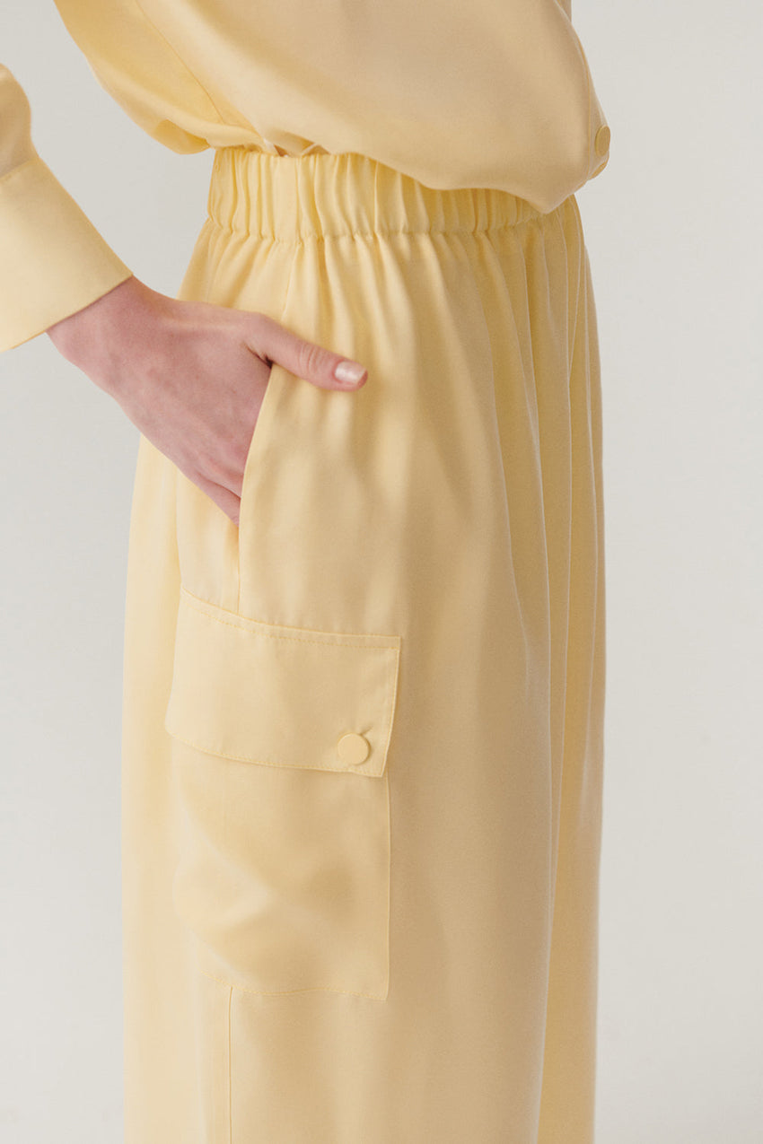 Elastic Waist Pocket Detailed Lyocell Yellow Midi Skirt