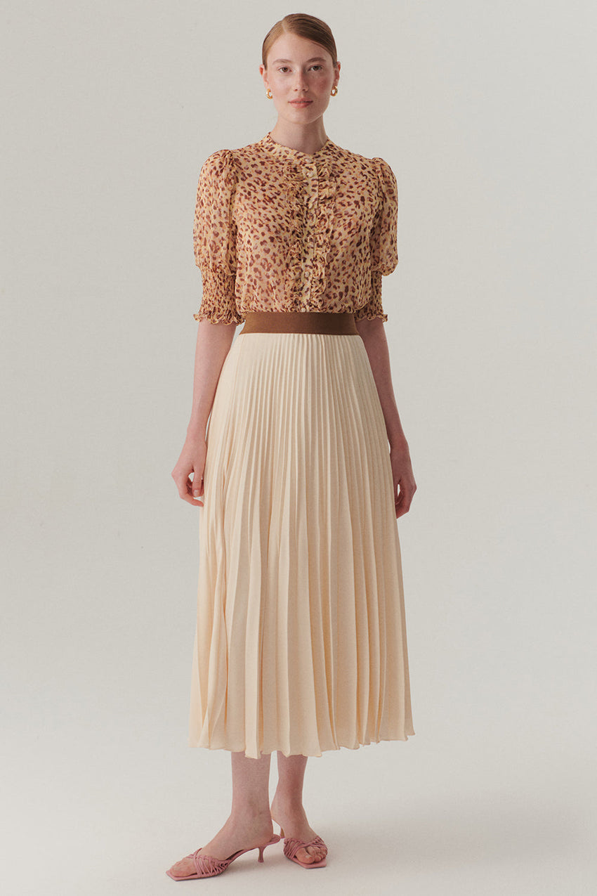 Elastic Waist Straight Cut Pleated Midi Skirt