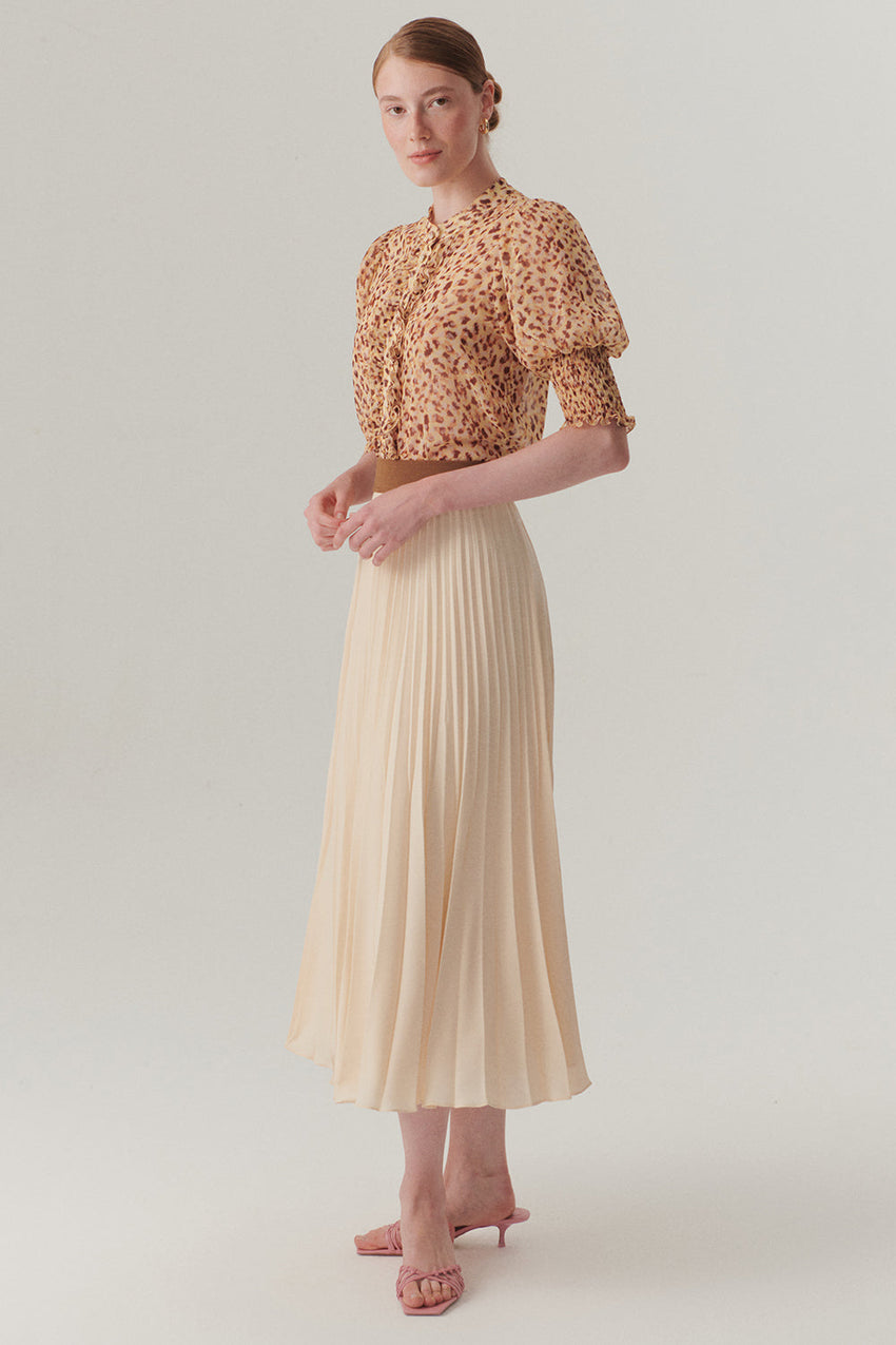 Elastic Waist Straight Cut Pleated Midi Skirt