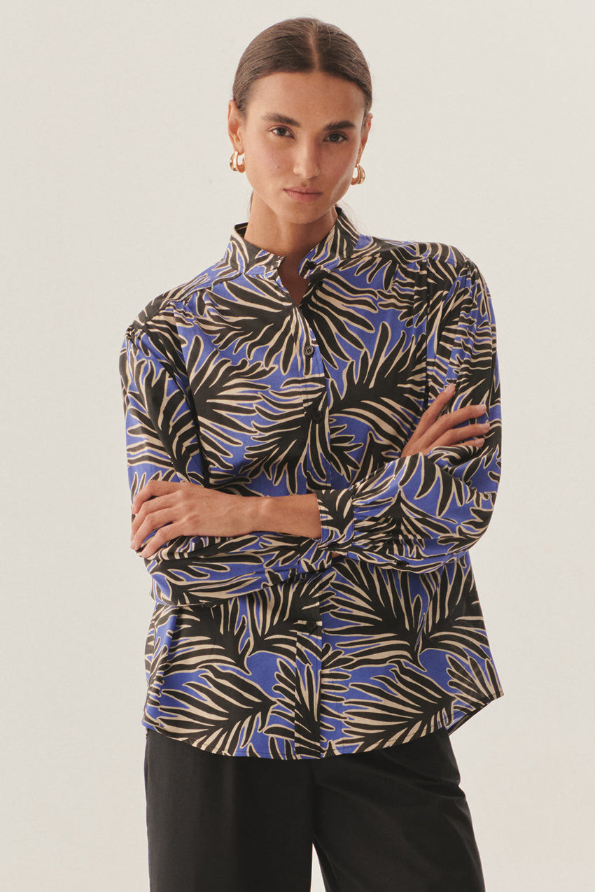 Stand Collar Long Sleeve Relaxed Fit Patterned Cotton Shirt