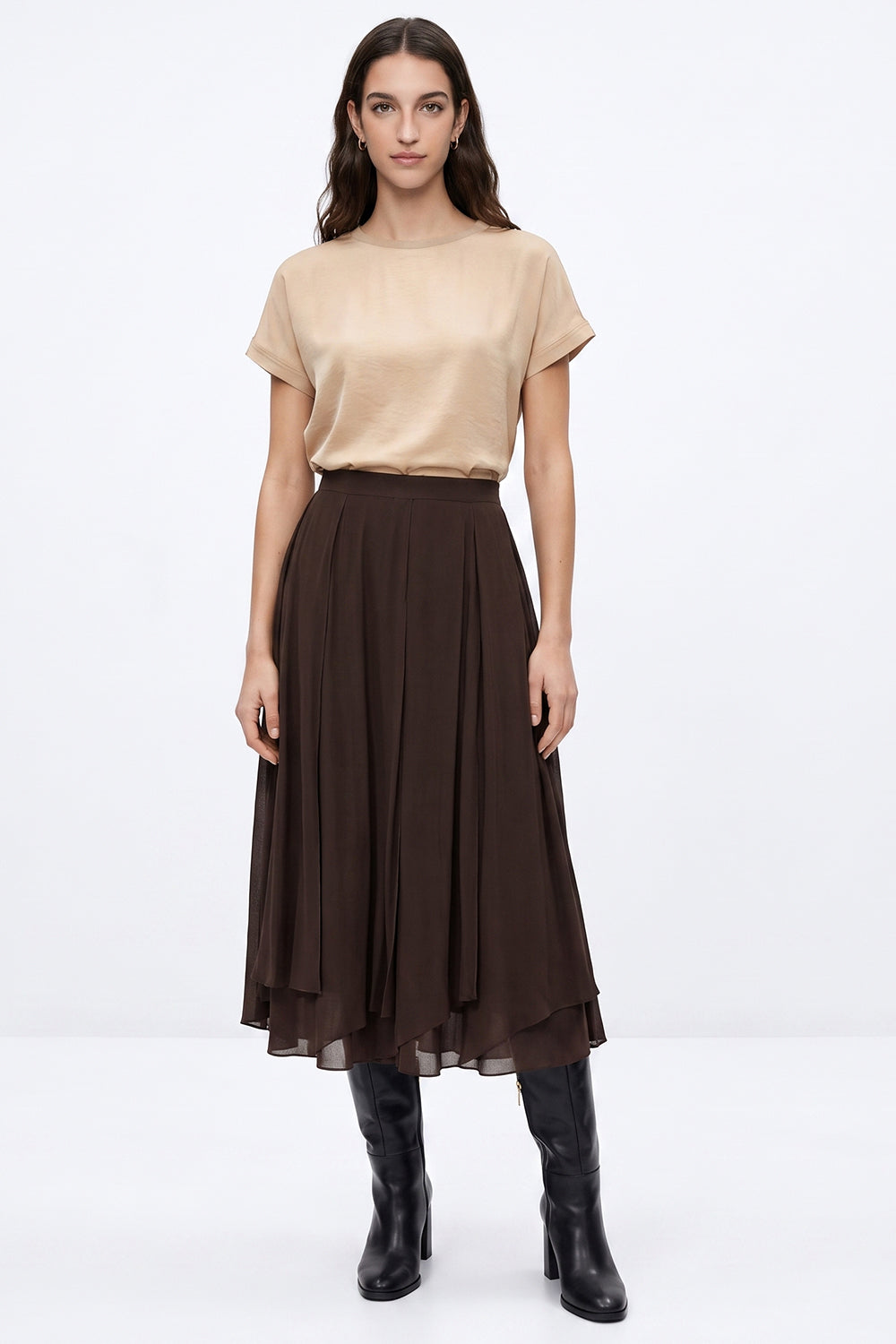 Panelled Flared Skirt with Hidden Zipper - BROWN