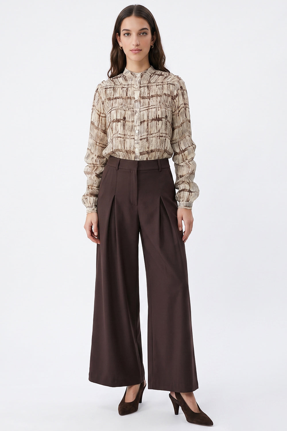 Ruched Stand Collar Lined Chiffon Shirt - ECRU BROWN