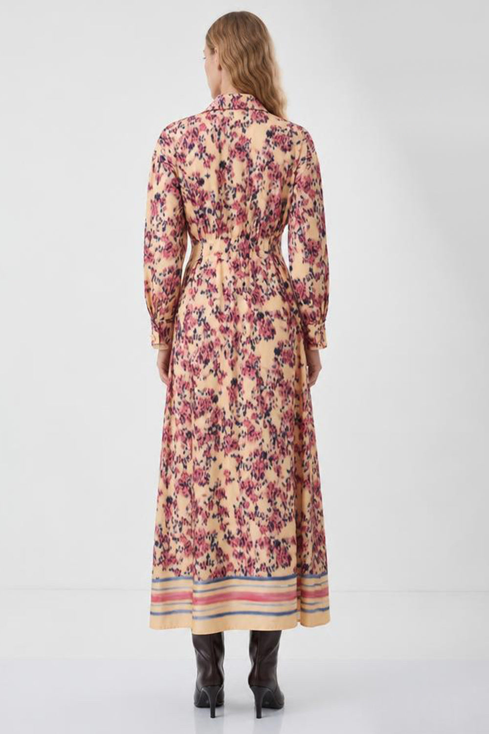 Pleated Waist Shirt Dress with Elastic Back - MULTICOLOR