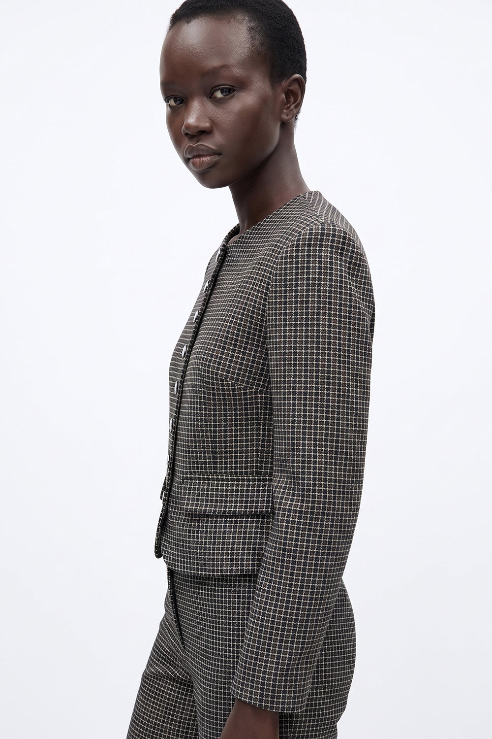 Round Neck Shoulder Padded Lined Fitted Jacket - MULTICOLOR