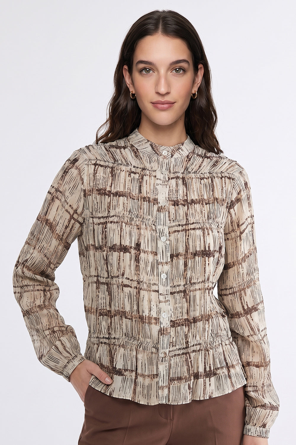 Ruched Stand Collar Lined Chiffon Shirt - ECRU BROWN