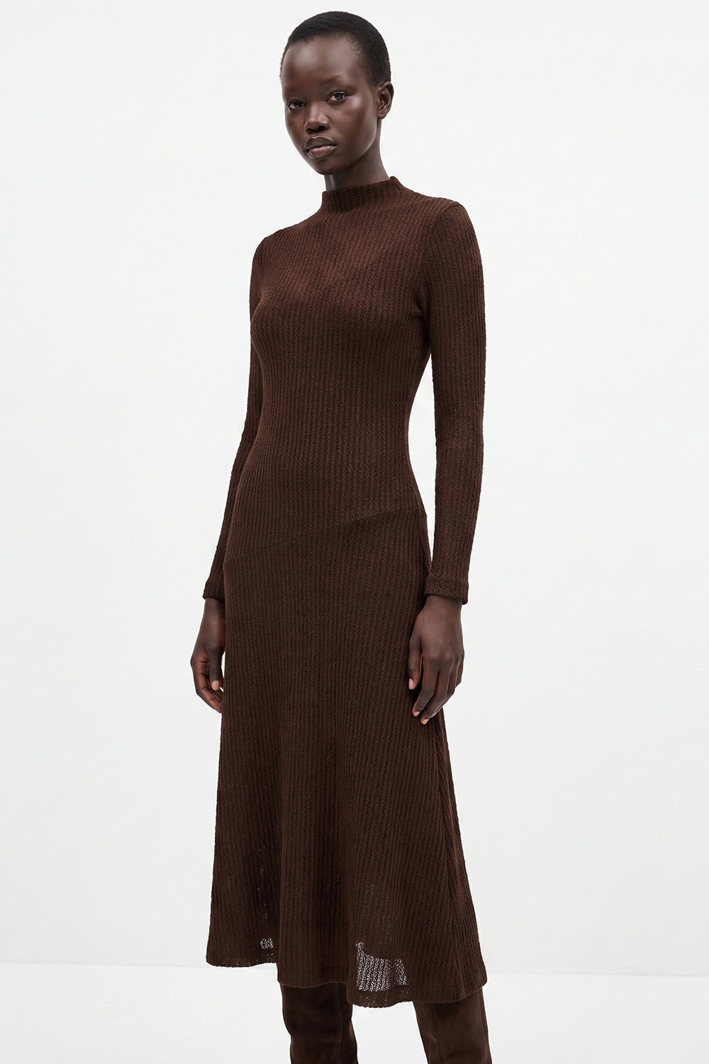 Lined Lace Flared Knit Midi Dress - BROWN