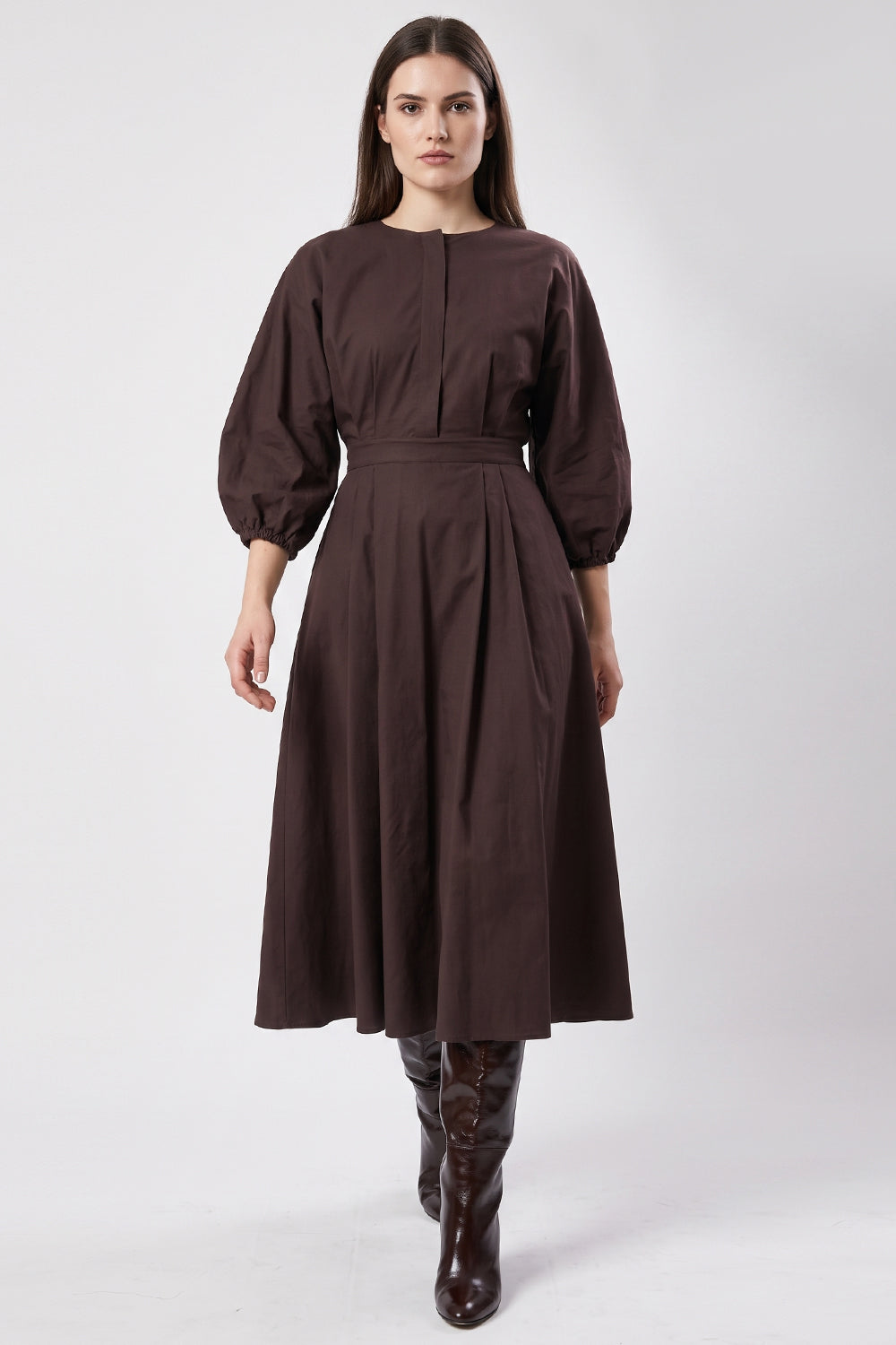 Elastic Back Balloon Sleeve Midi Dress - BROWN