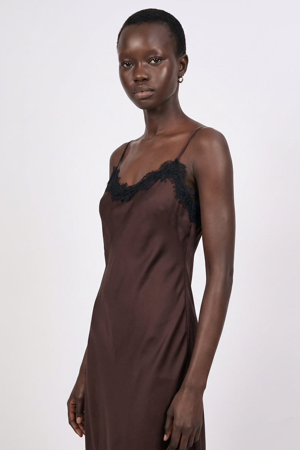 Satin Fitted Dress with Adjustable Straps - BROWN