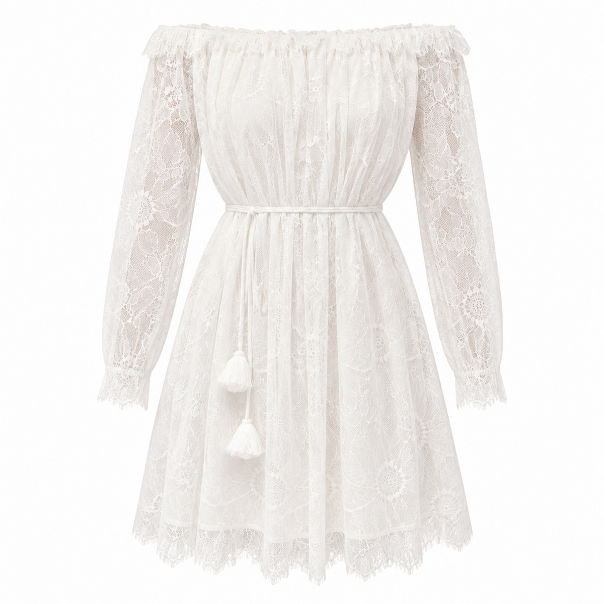 Cherita Off Shoulder Lace Sleeve Mini Knit Dress - Ecru