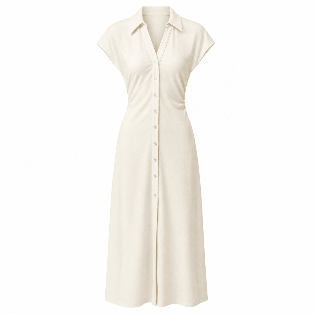Ursula Collared Gathered Waist Knit Midi Dress -Bone