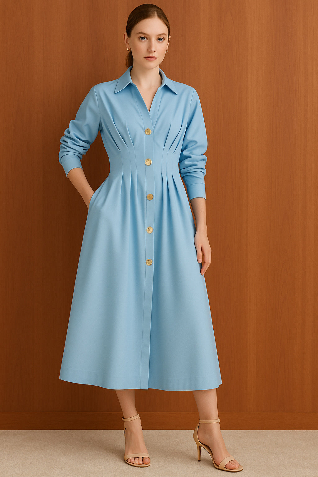 Cotton Midi Shirt Dress with Button Details and Fitted Waist