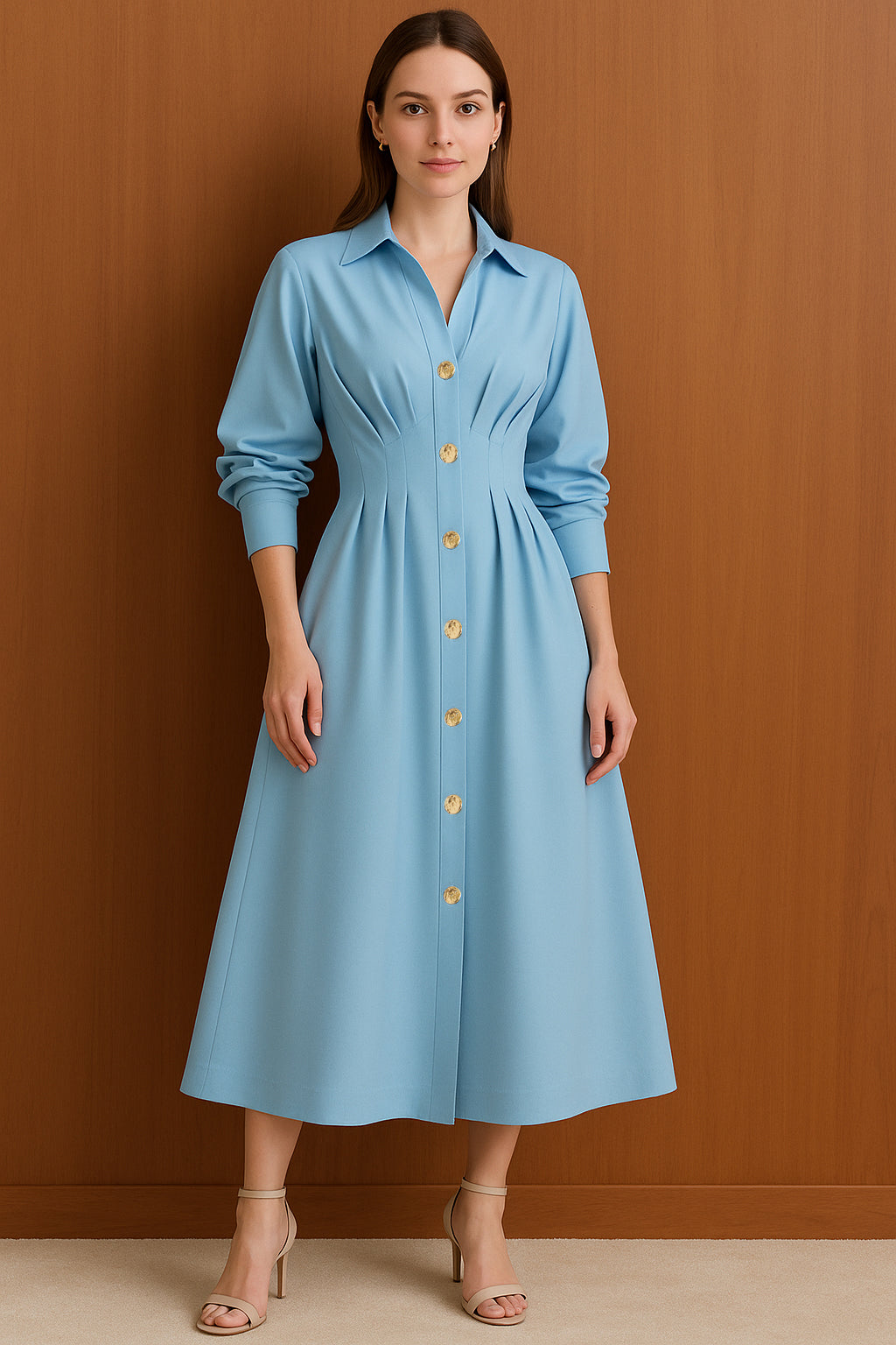 Cotton Midi Shirt Dress with Button Details and Fitted Waist