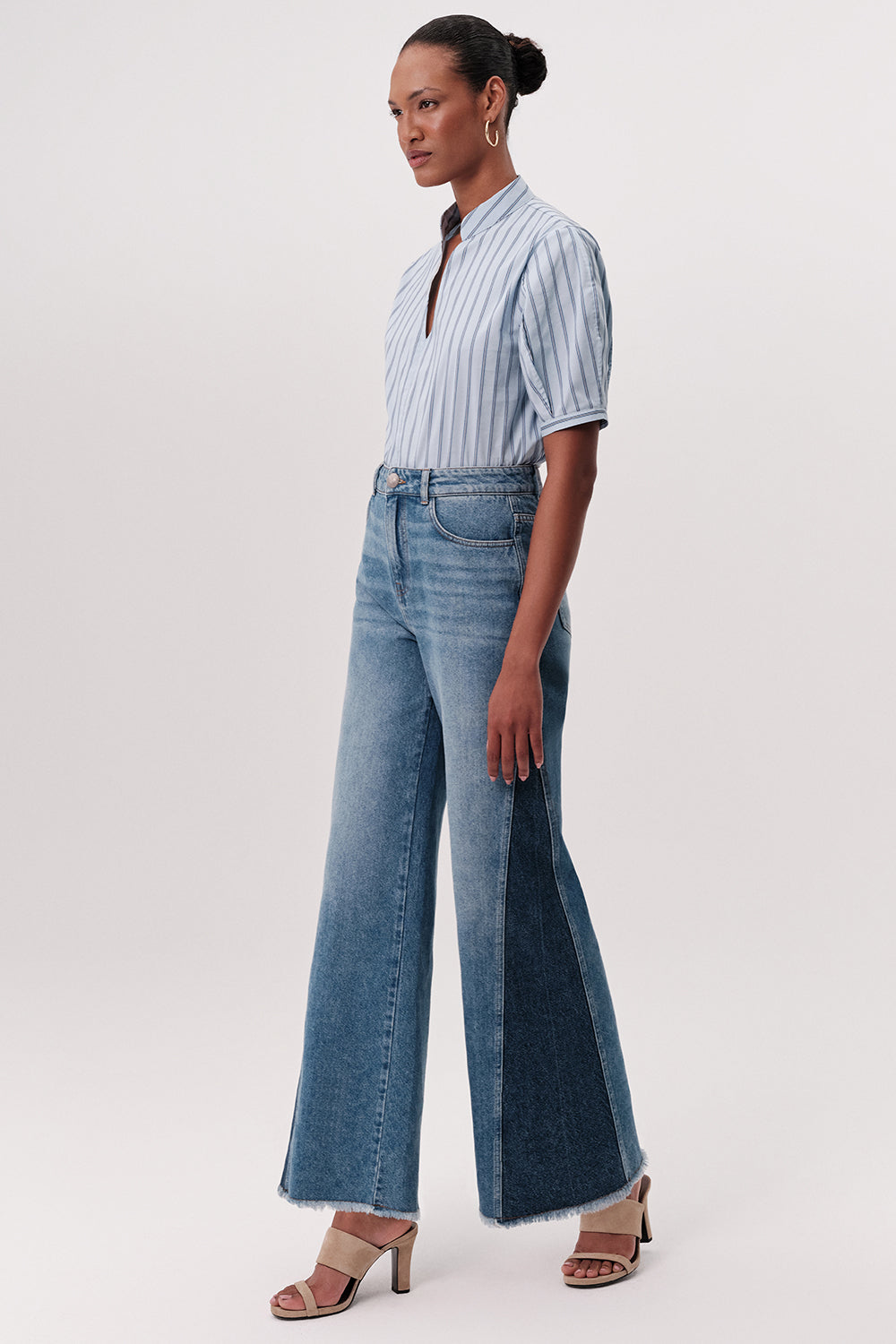 High Waist Wide-Leg Denim Trousers - BLUE