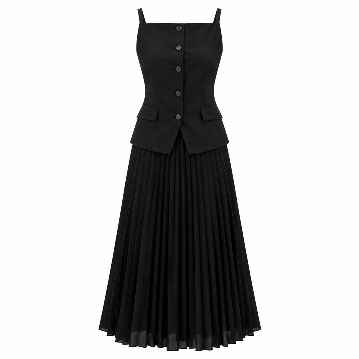 Angeletta Sleeveless Linen Trim Pleated Midi Dress -Black