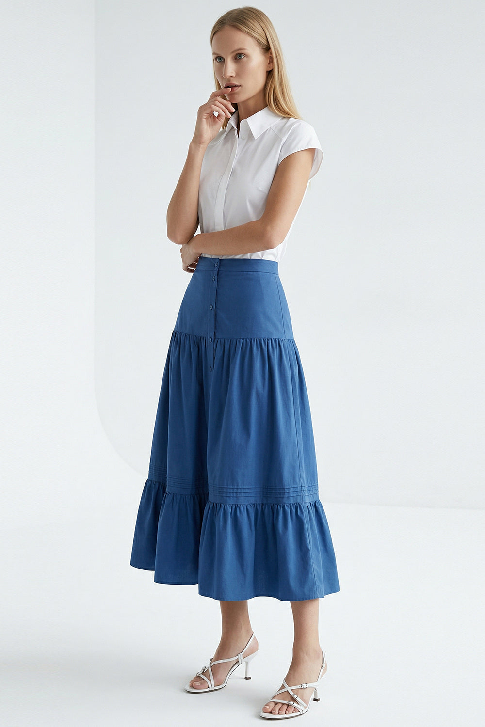 Elastic Waist Buttoned High Waist Midi Skirt - NAVY BLUE