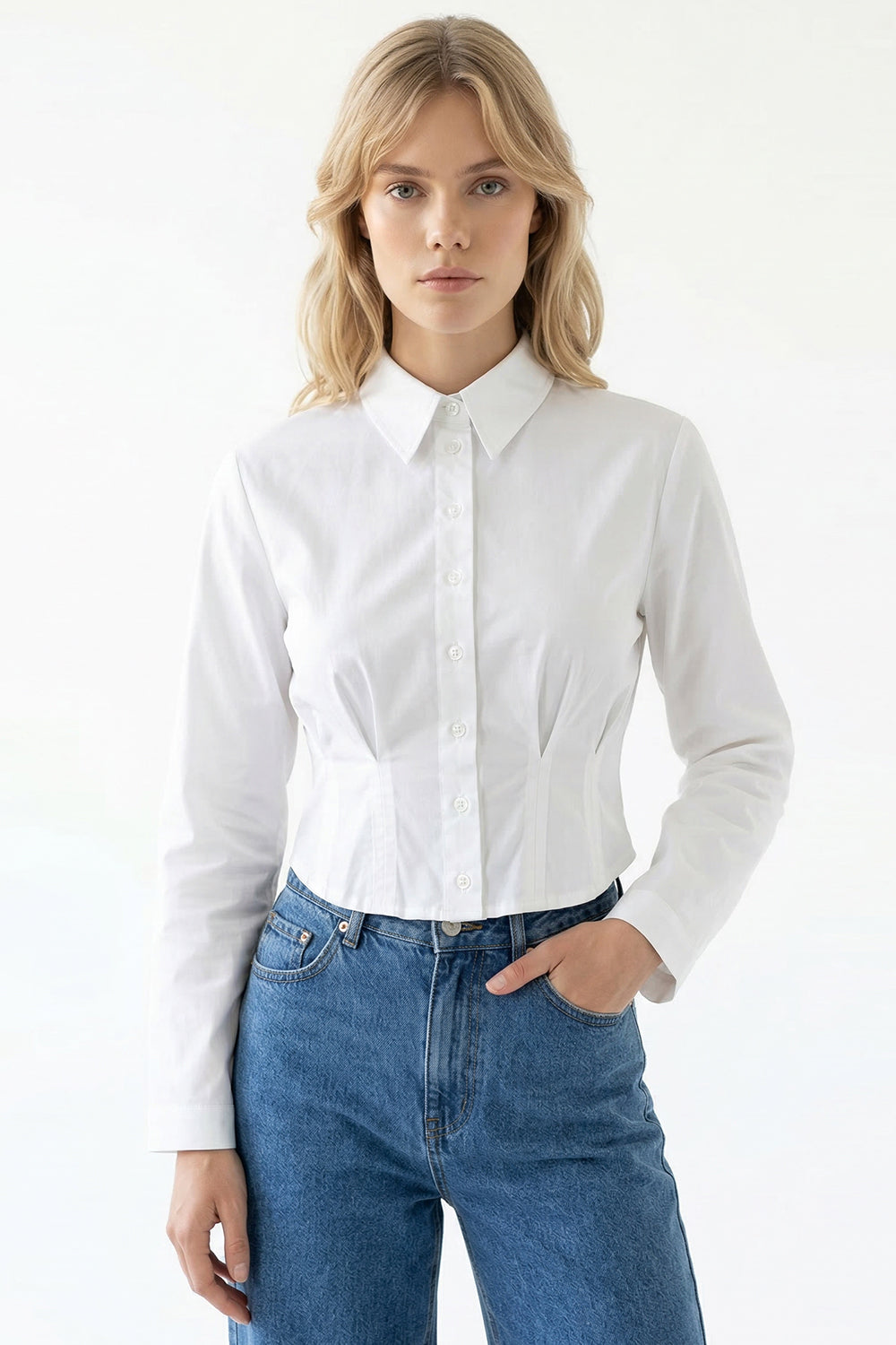 Long Sleeve Crop Shirt - WHITE