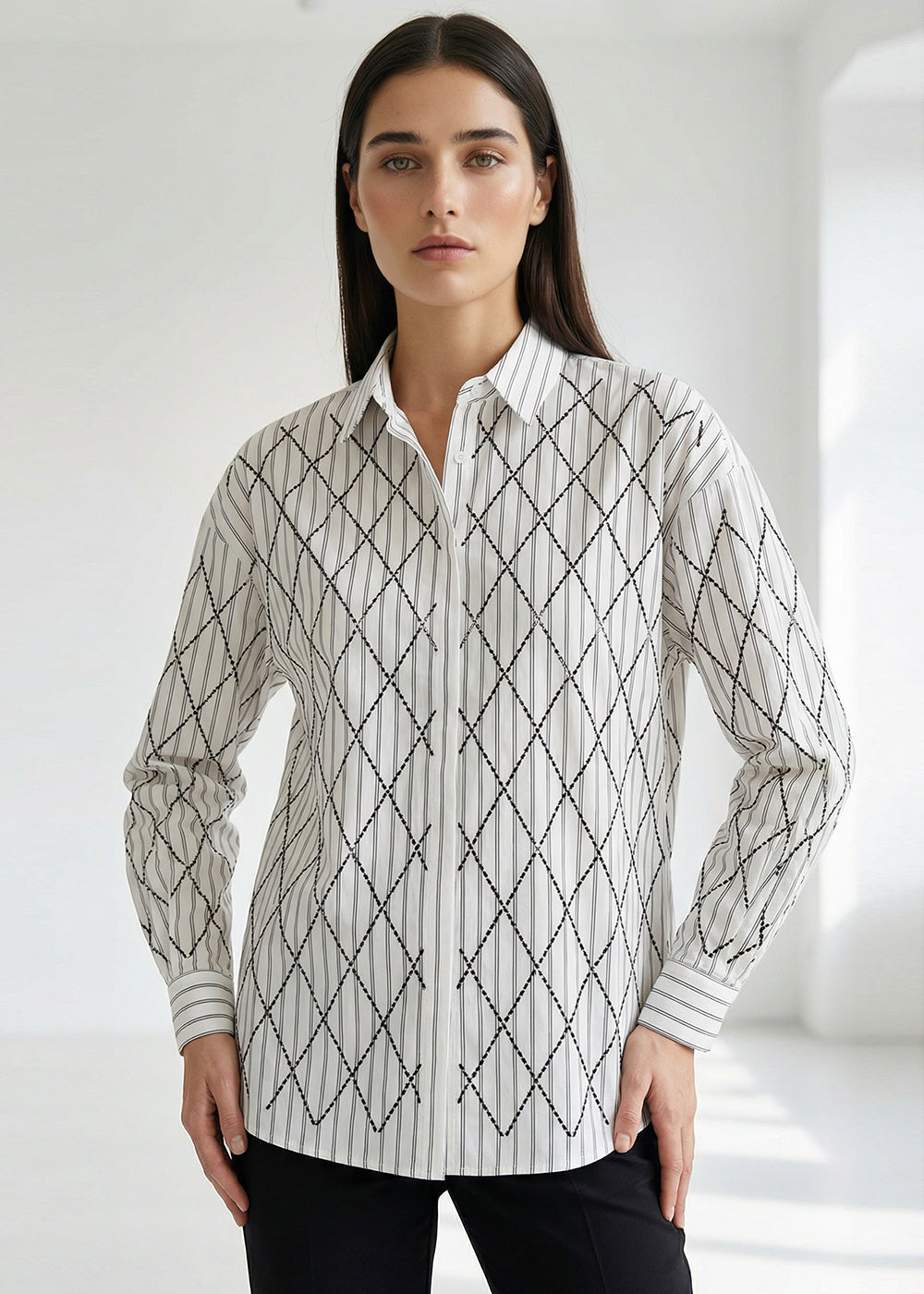 Long Sleeve Regular Woven Shirt with Geometric Embroidery Details