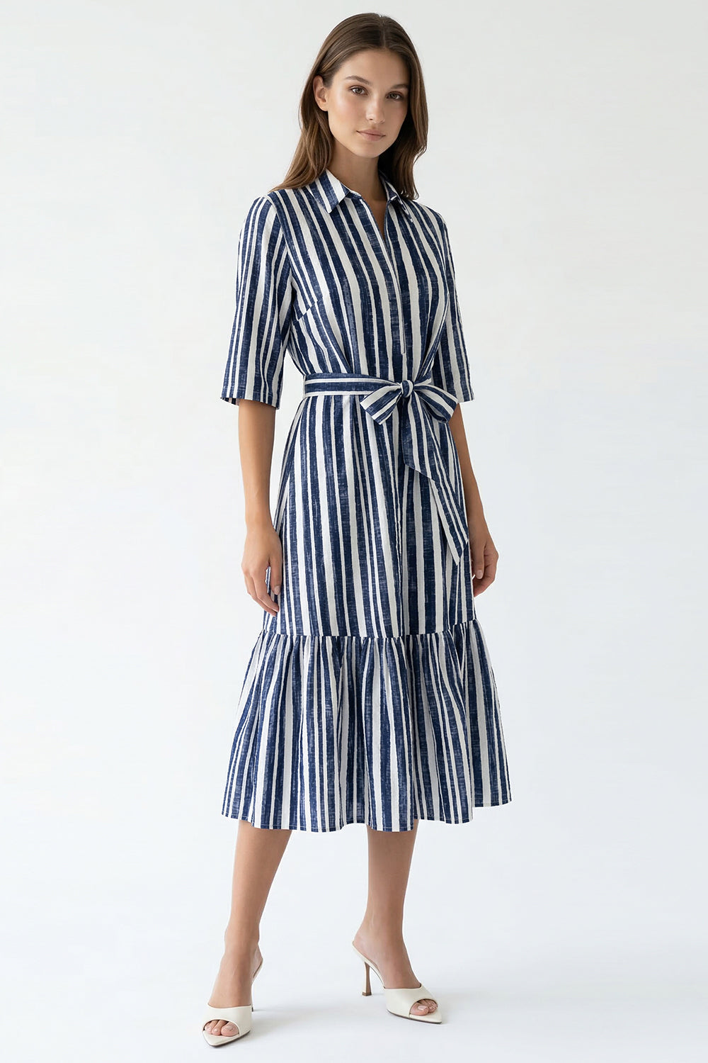 Darcio Shirt Collar Short Sleeve Belted Midi Dress