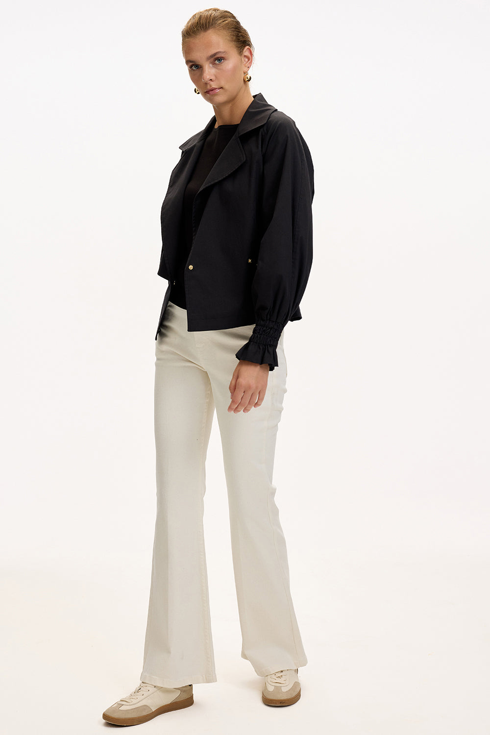 Black Regular Fit Cotton Jacket with Shirt Collar, Raglan Sleeves, and Lining