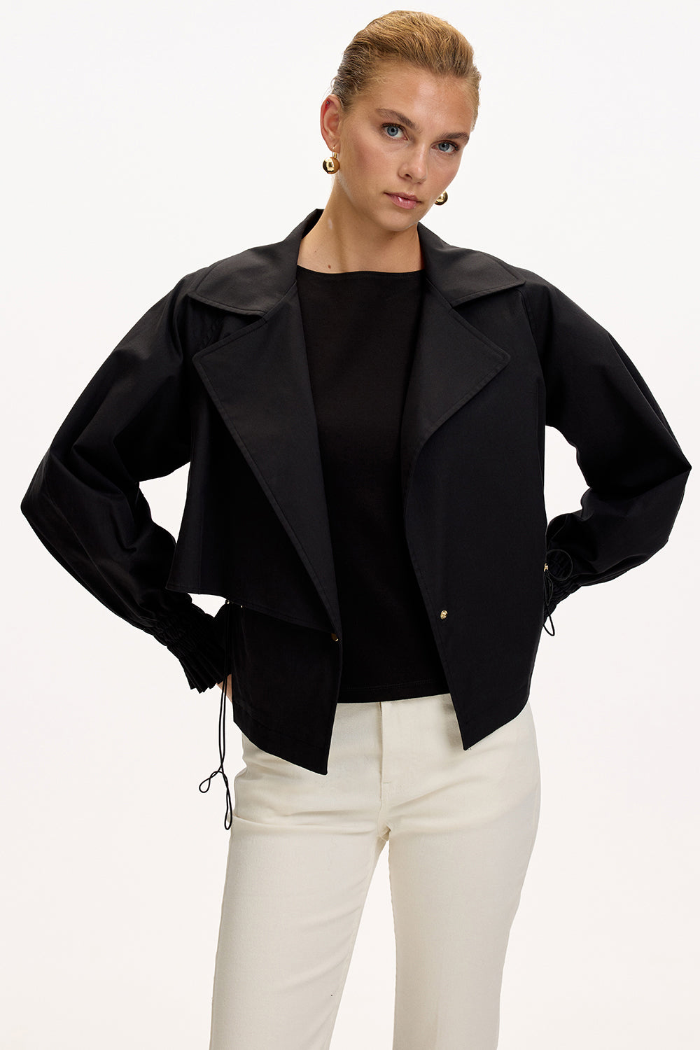 Black Regular Fit Cotton Jacket with Shirt Collar, Raglan Sleeves, and Lining