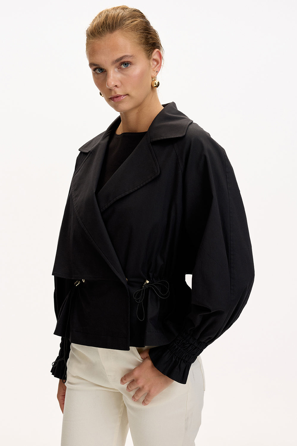 Black Regular Fit Cotton Jacket with Shirt Collar, Raglan Sleeves, and Lining