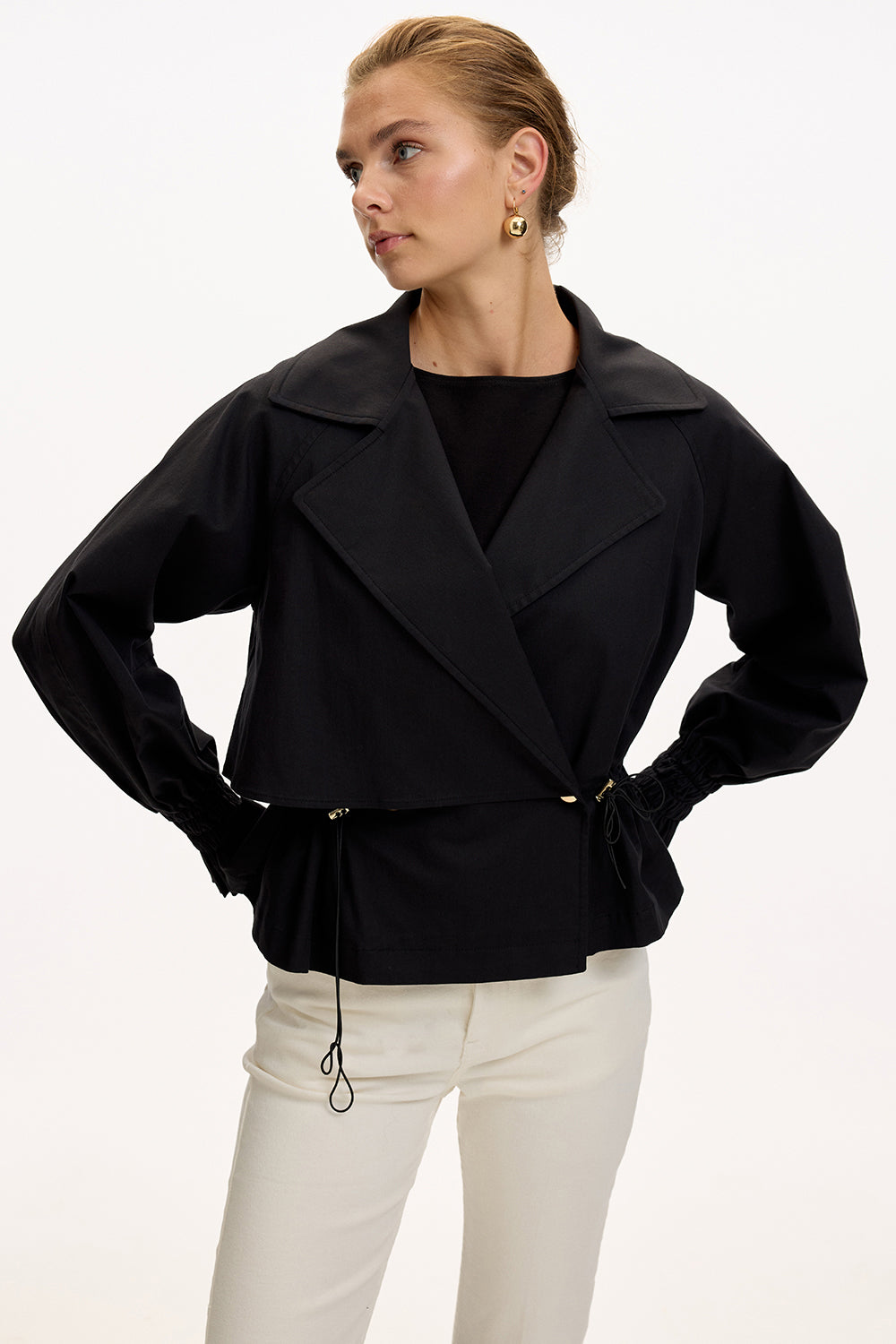 Black Regular Fit Cotton Jacket with Shirt Collar, Raglan Sleeves, and Lining