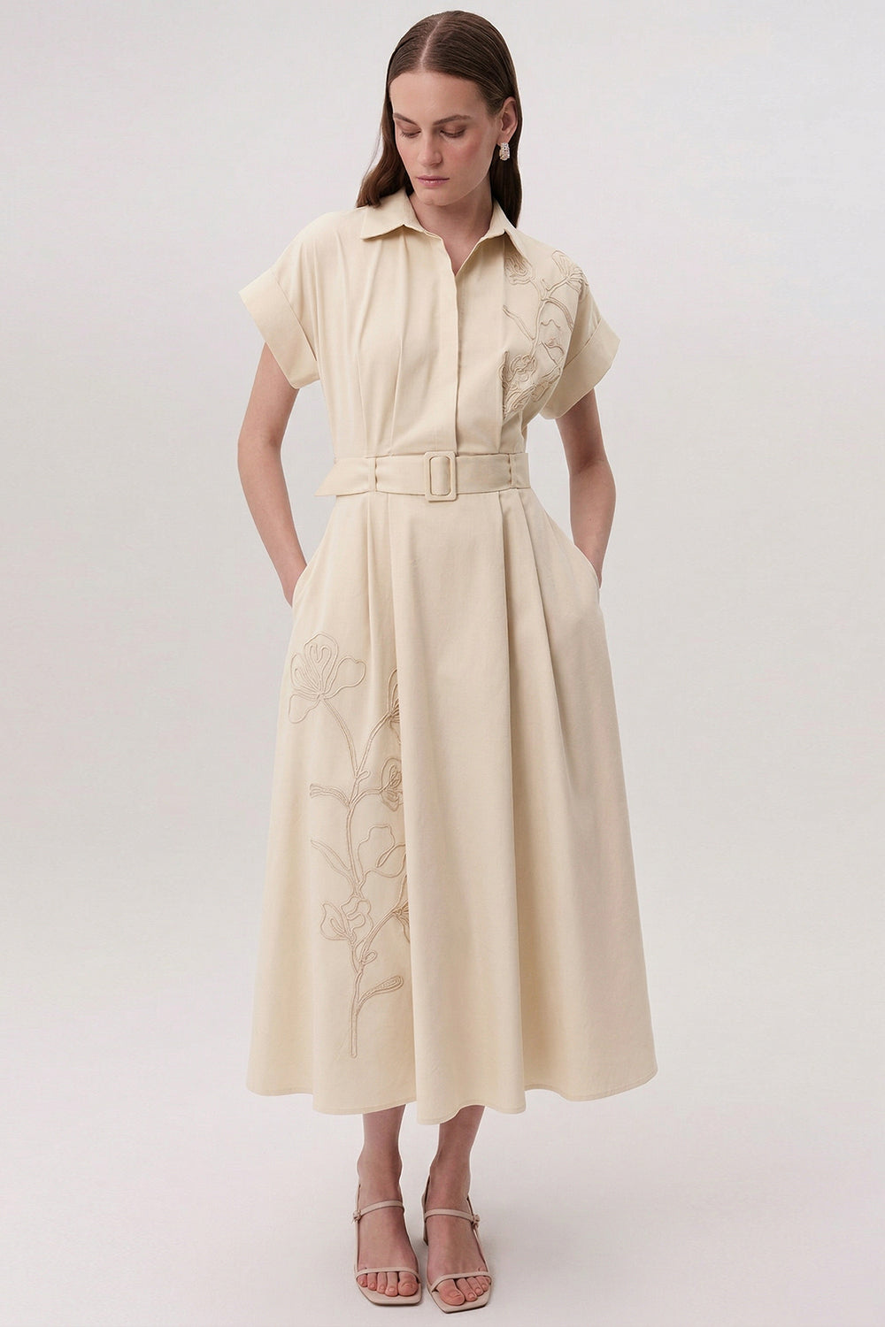 Short Sleeve Midi Shirt Dress - CREAM