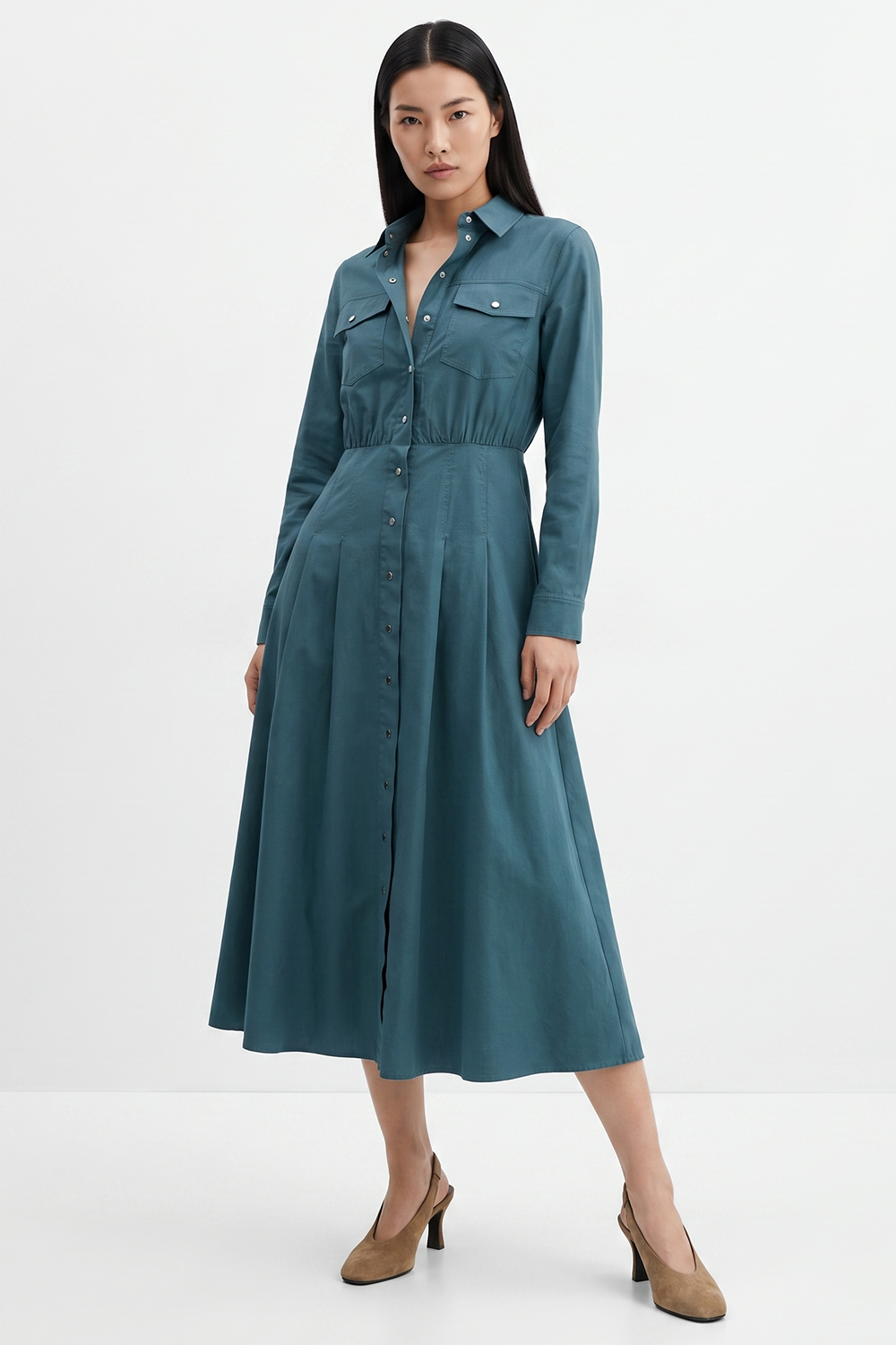Pleated Long Sleeve Midi Shirt Dress - DARK GREEN