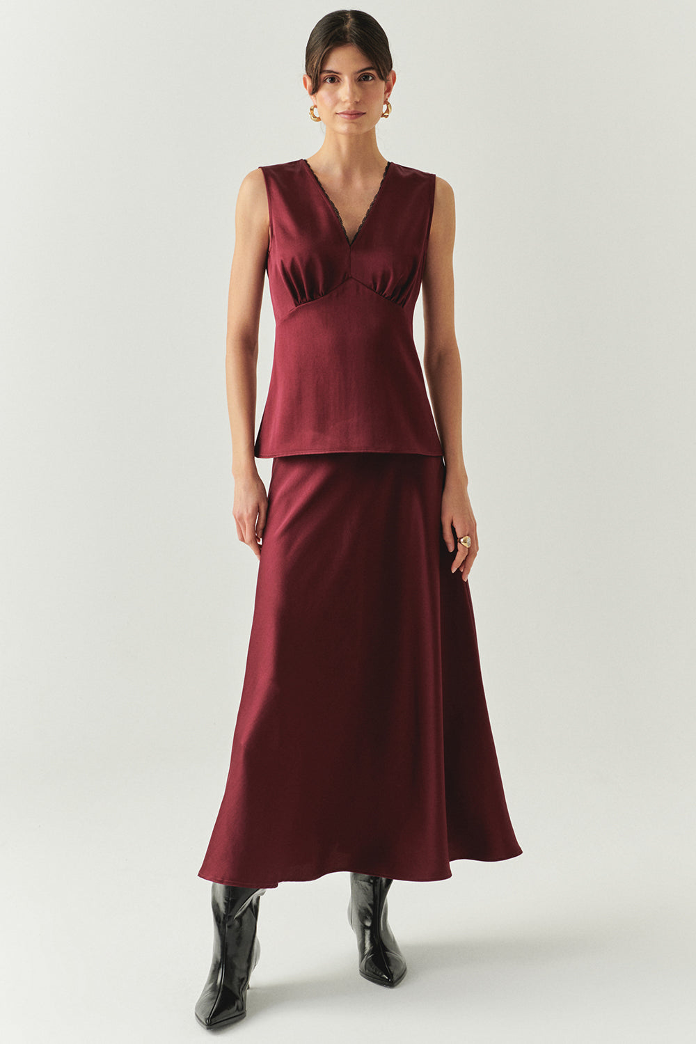 V-Neck Satin Look Blouse – RED