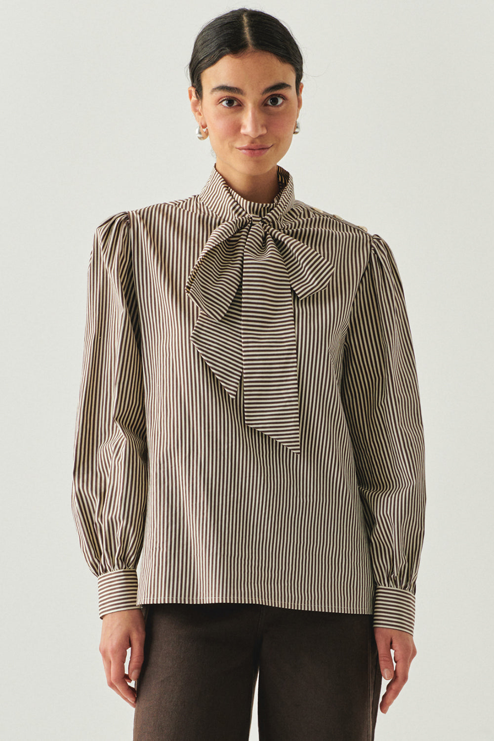 Indigo Brown-Bone Striped Cotton Blouse with High Neck, Tie Detail, and Long Sleeves