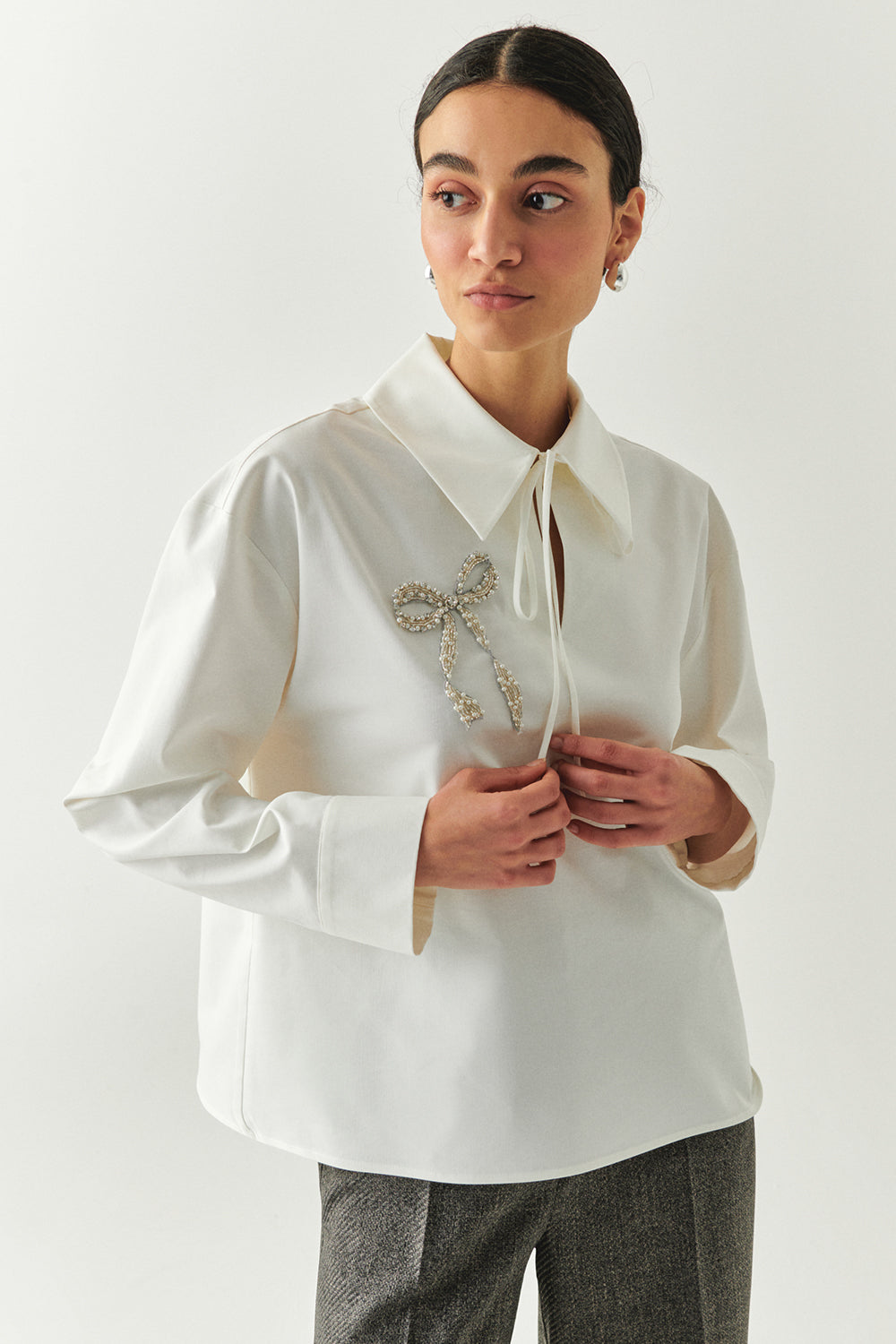 Long Sleeve Bow Embroidered Shirt Collar Oversize Blouse Bone