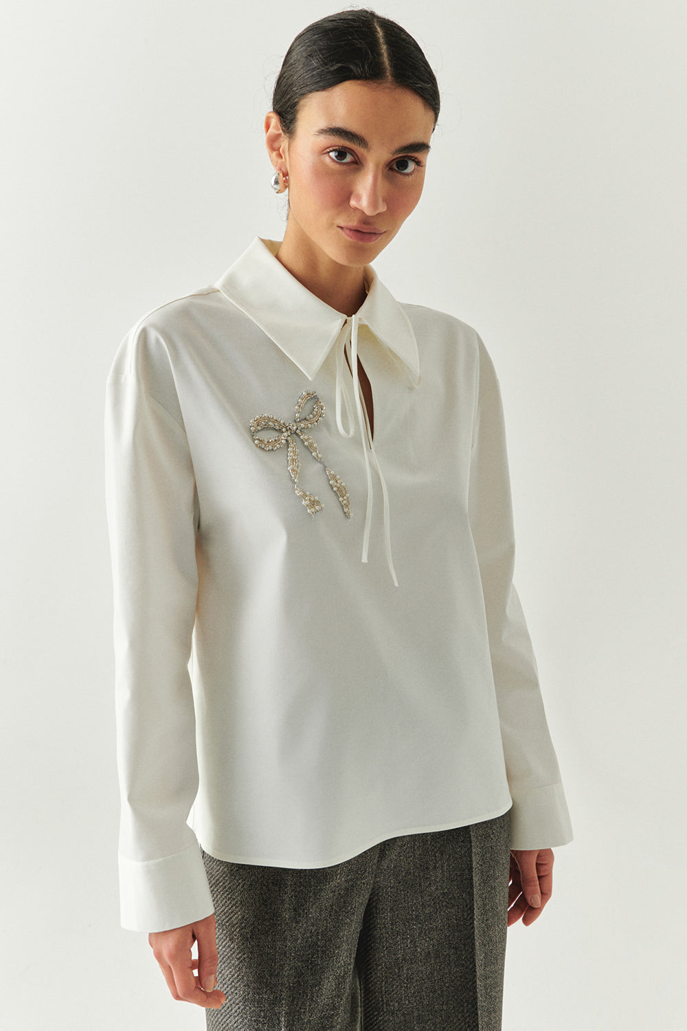 Long Sleeve Bow Embroidered Shirt Collar Oversize Blouse Bone