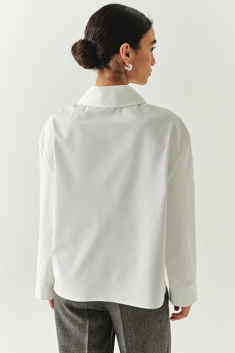 Long Sleeve Bow Embroidered Shirt Collar Oversize Blouse Bone