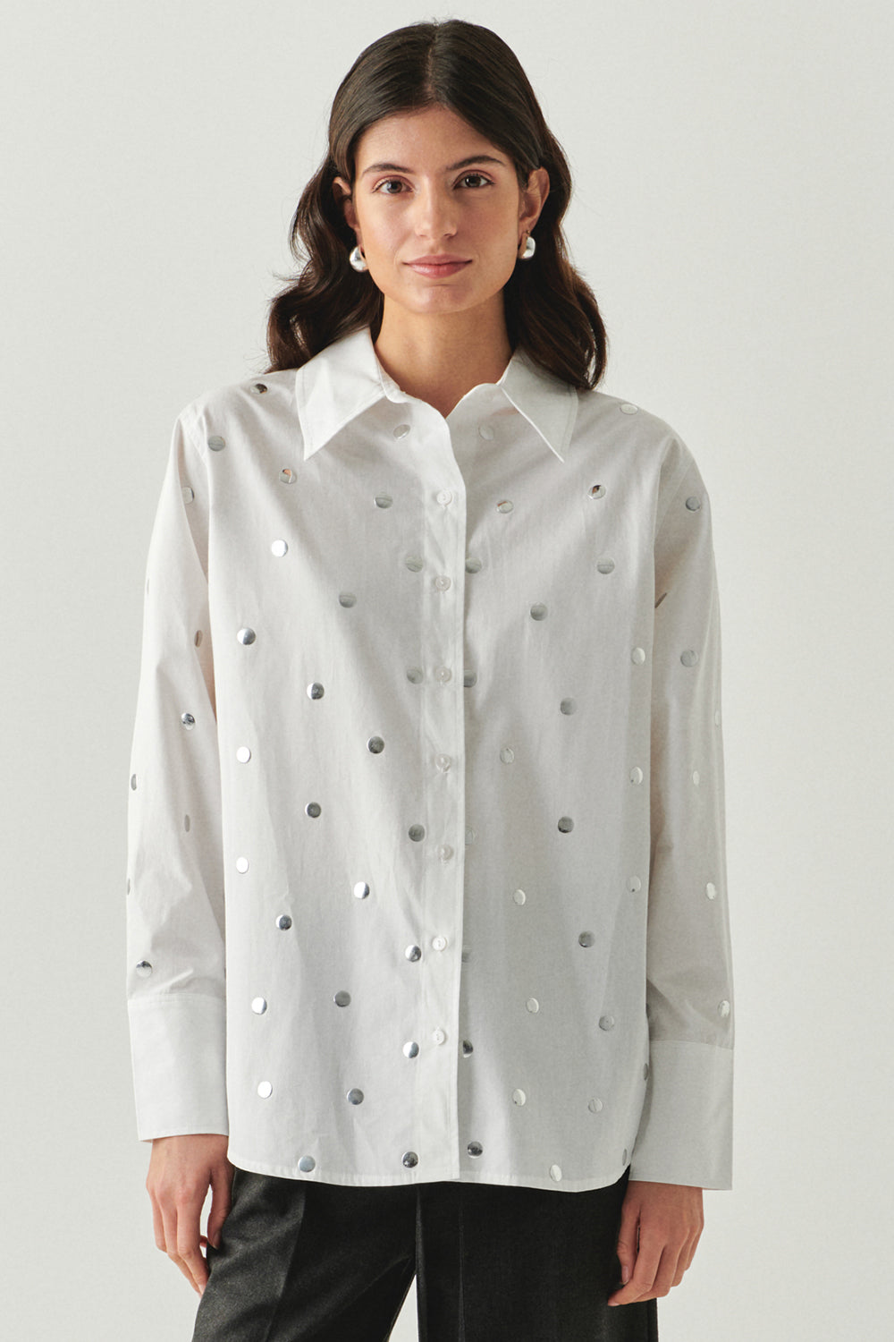 Murphy Ecru Studded Cotton Shirt with Classic Collar and Long Sleeves