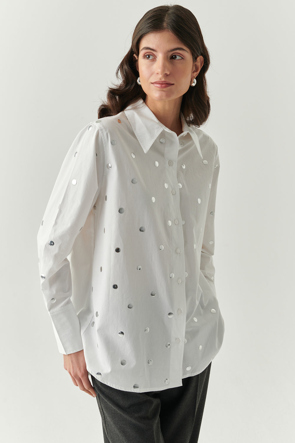 Murphy Ecru Studded Cotton Shirt with Classic Collar and Long Sleeves
