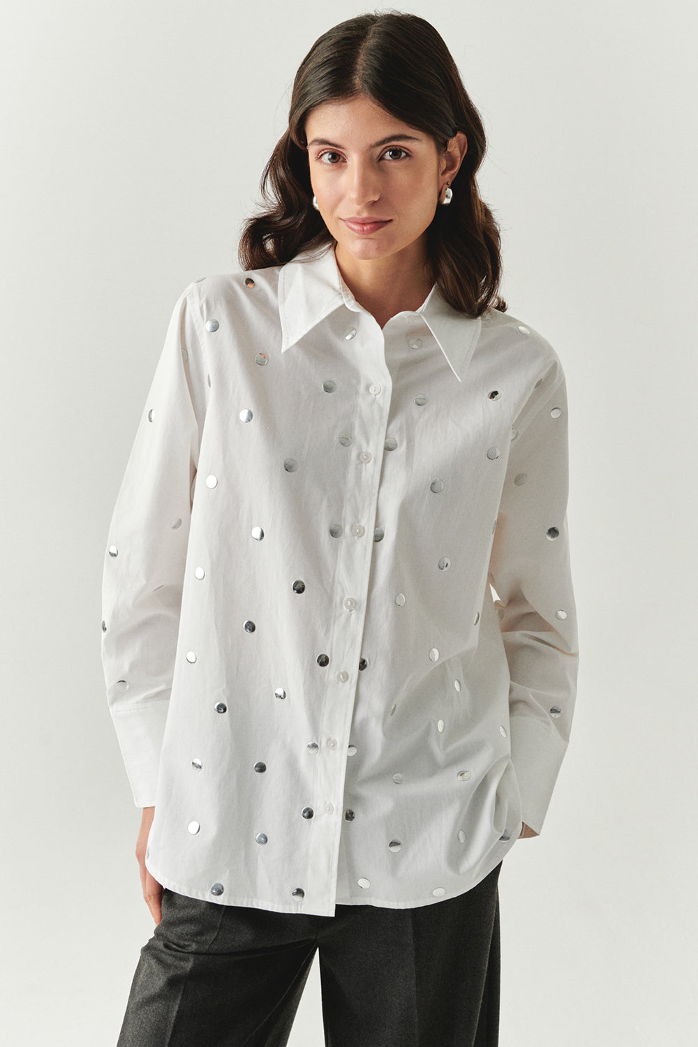 Murphy Ecru Studded Cotton Shirt with Classic Collar and Long Sleeves