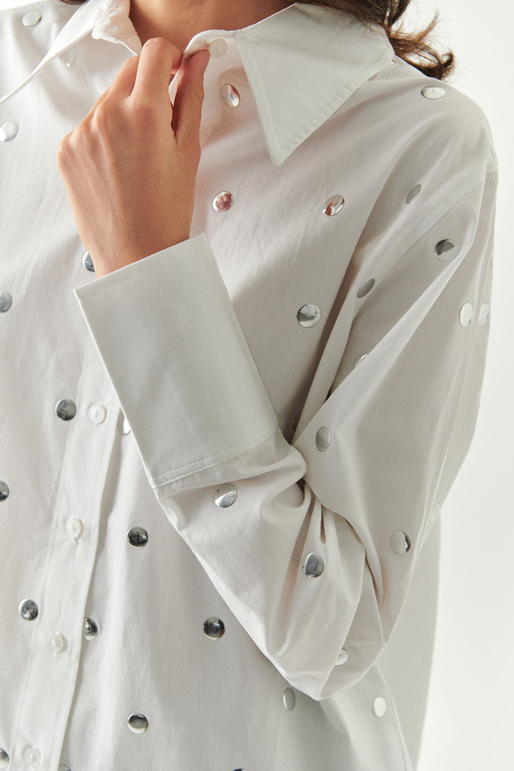 Murphy Ecru Studded Cotton Shirt with Classic Collar and Long Sleeves