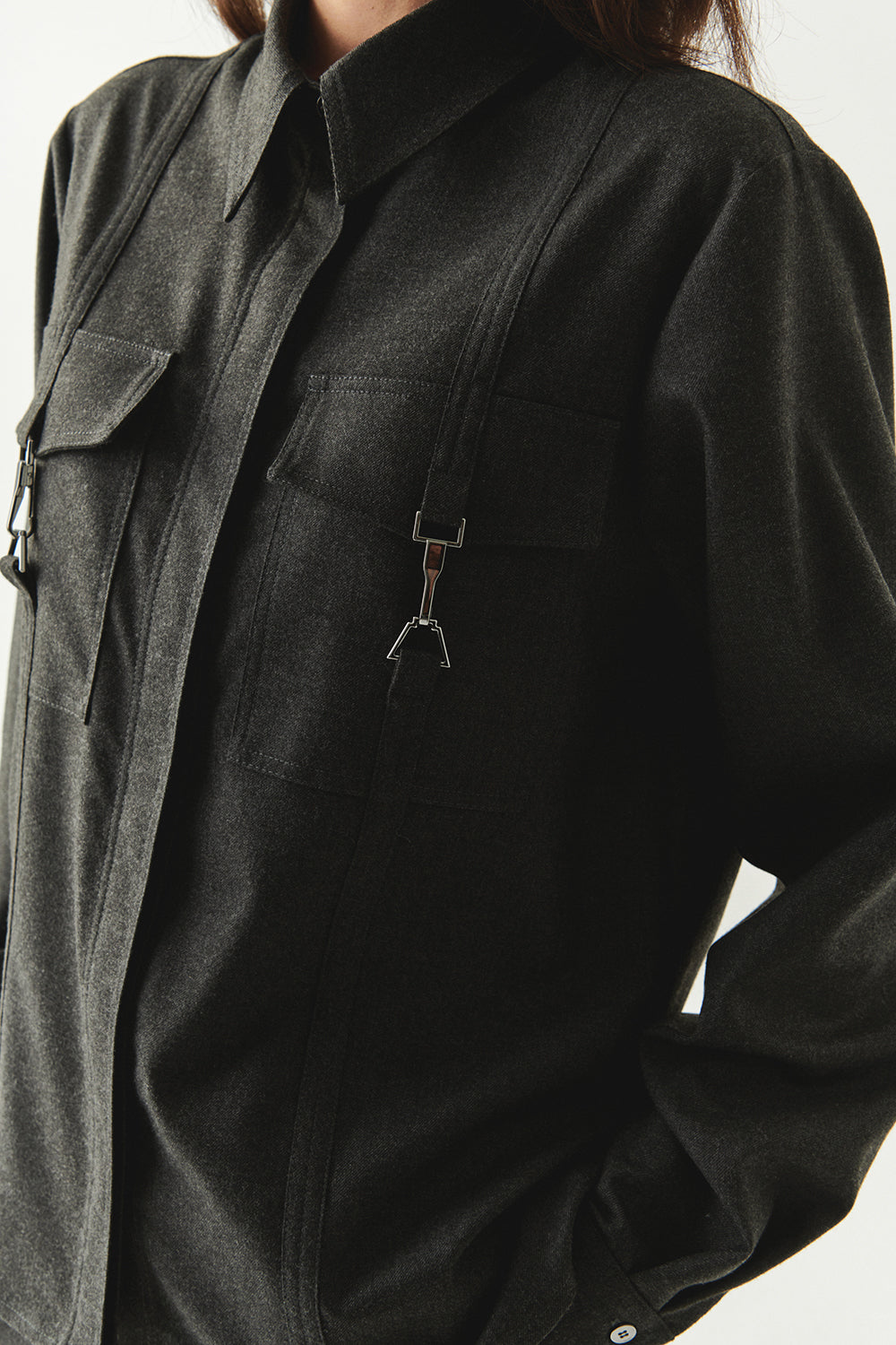 Zendaya Grey Tailored Pocket Shirt with Classic Collar and Long Sleeves