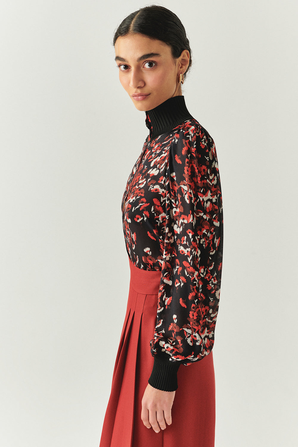 Johanna Multi-Color High-Neck Long-Sleeve Blouse with Knit Cuffs
