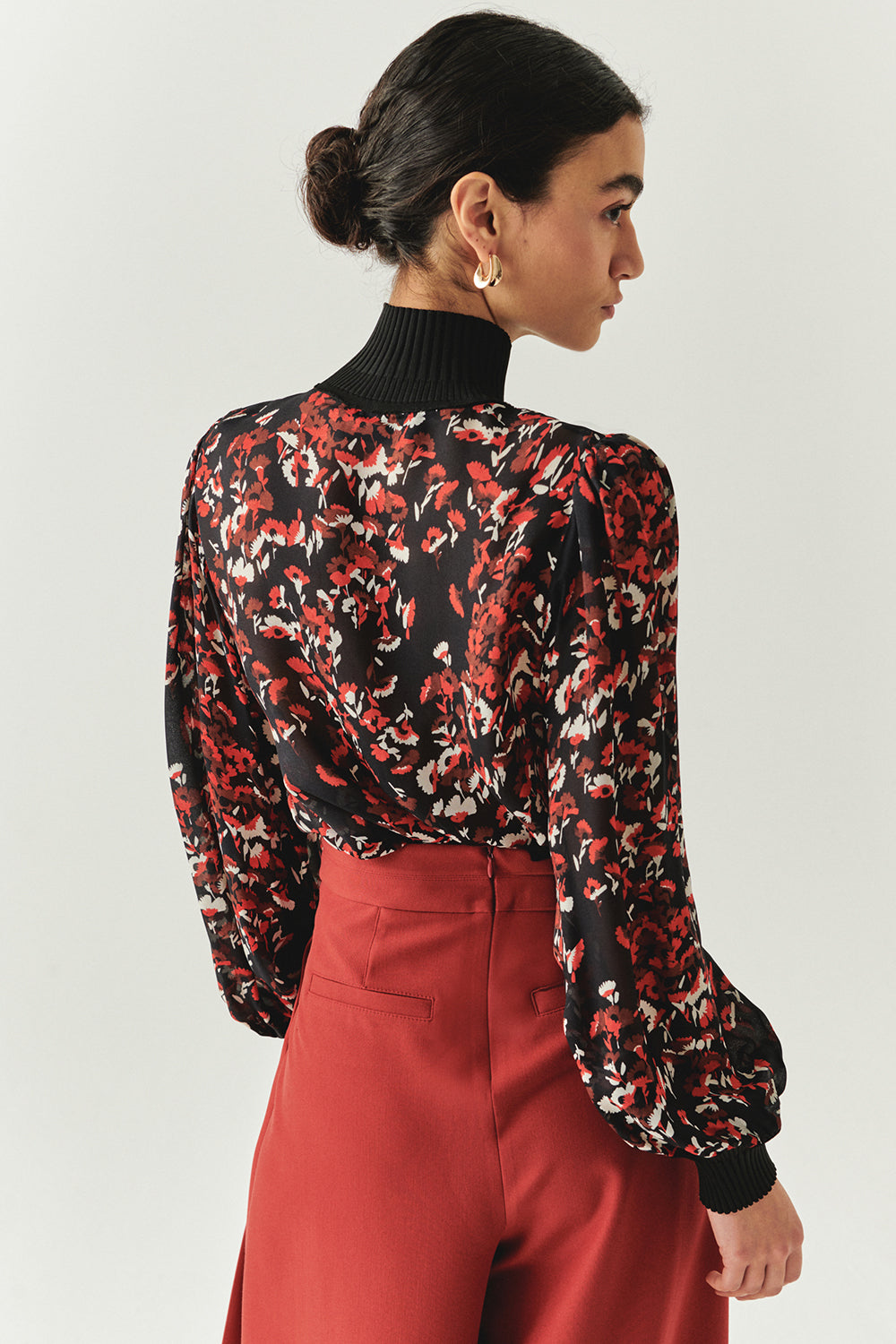 Johanna Multi-Color High-Neck Long-Sleeve Blouse with Knit Cuffs