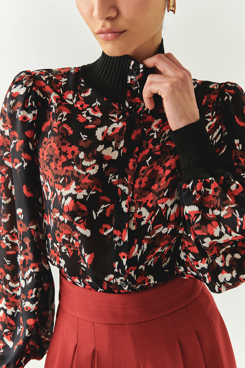Johanna Multi-Color High-Neck Long-Sleeve Blouse with Knit Cuffs