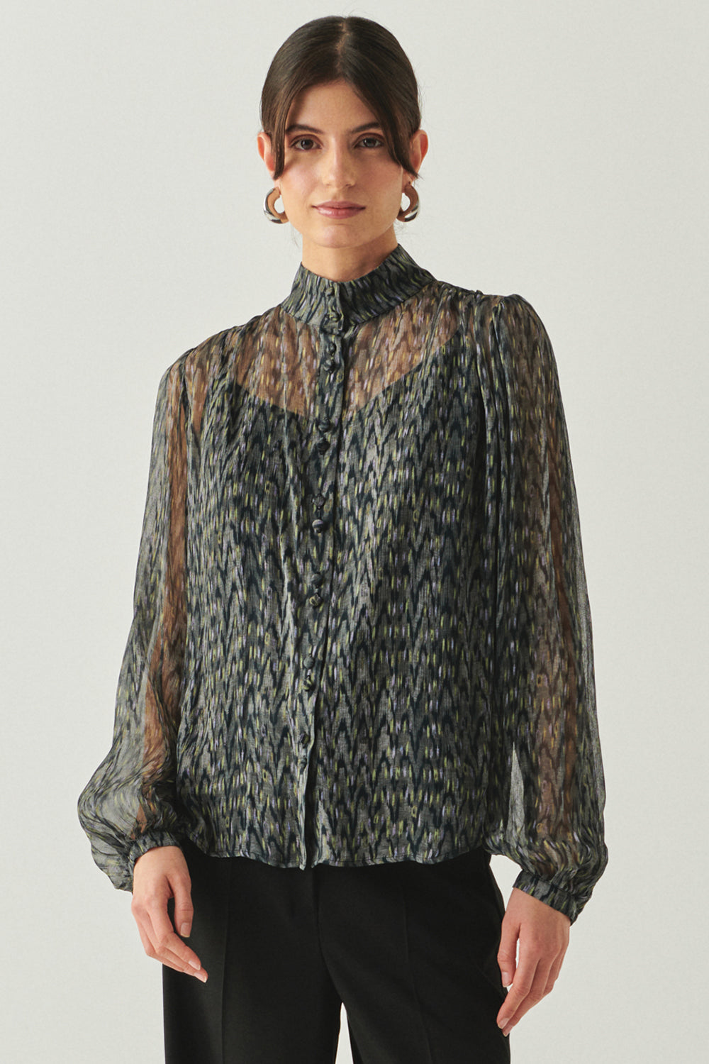 Kamiyah Multi-Color Mandarin-Collar Long-Sleeve Blouse