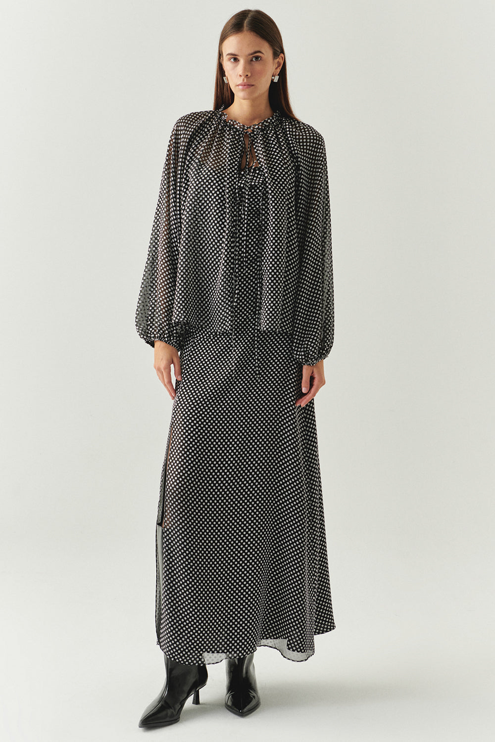 Polka Dot Long Sleeve Tie Detail Regular Grey Black Shirt Grey Black Shirt