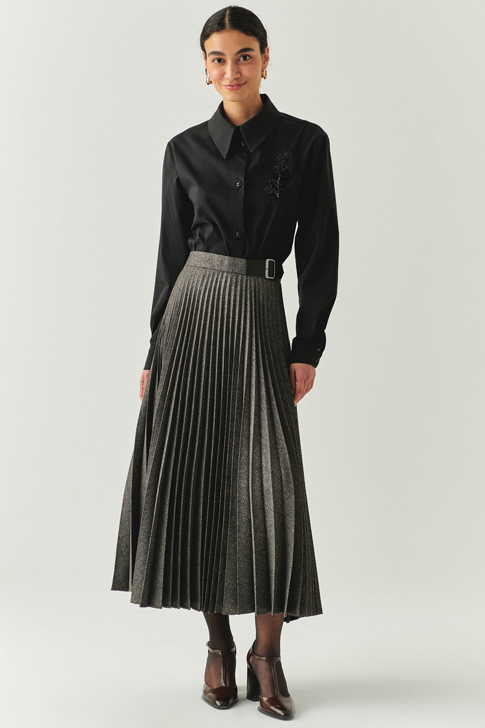 Jayda Grey Pleated Midi Skirt